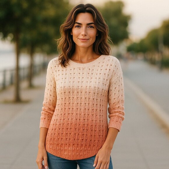 WOOLRICH SZ XS/S Open Weave 3/4 Sleeve Peach Orange Ombre Cotton Blend Sweater - Picture 1 of 10